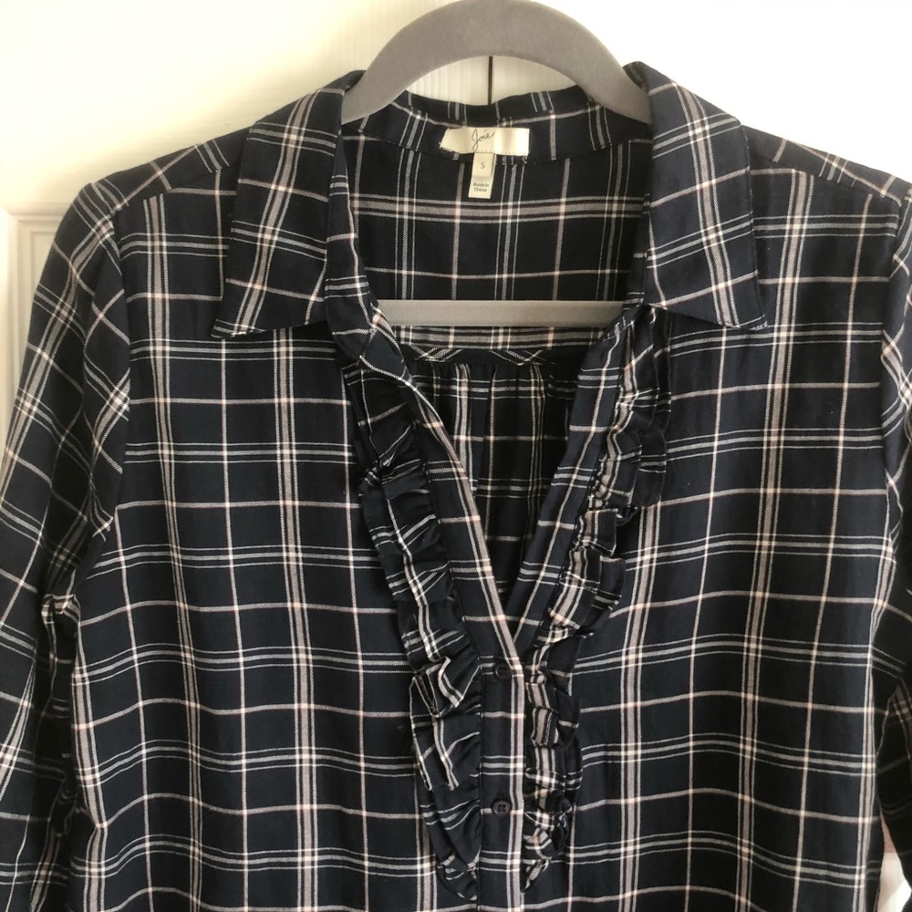 Joie | Plaid Fara B Ruffle V-Neck Blouse - Picture 6 of 8